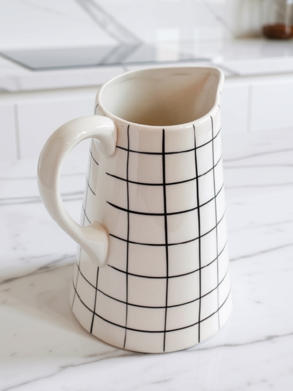 Hand-Painted Stoneware Pitcher with Black Grid